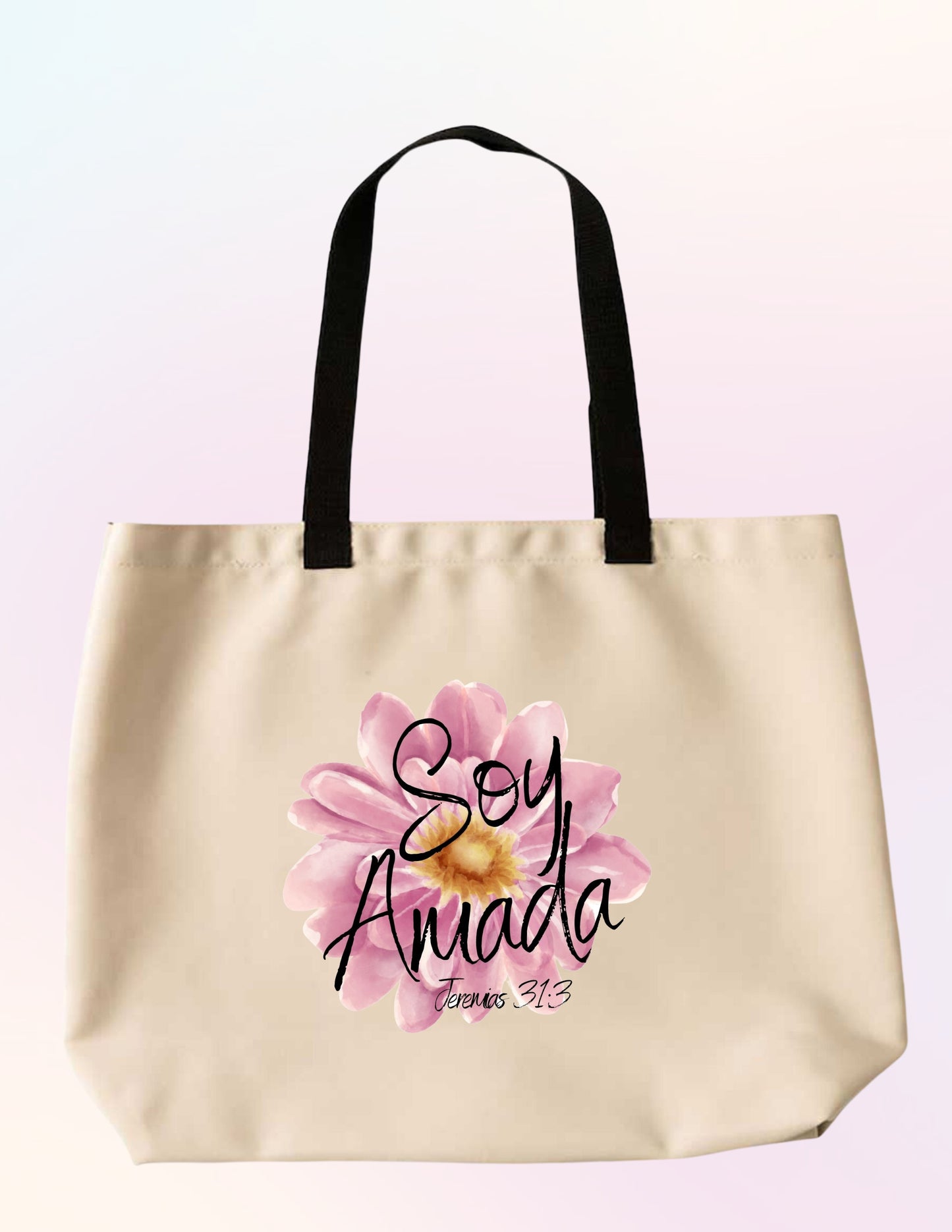 I'M LOVED. JEREMIAH 31:3 FLORAL FAITH-BASED TOTE BAG