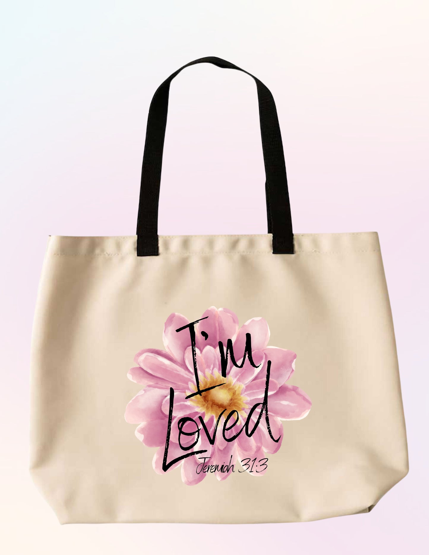 I'M LOVED. JEREMIAH 31:3 FLORAL FAITH-BASED TOTE BAG