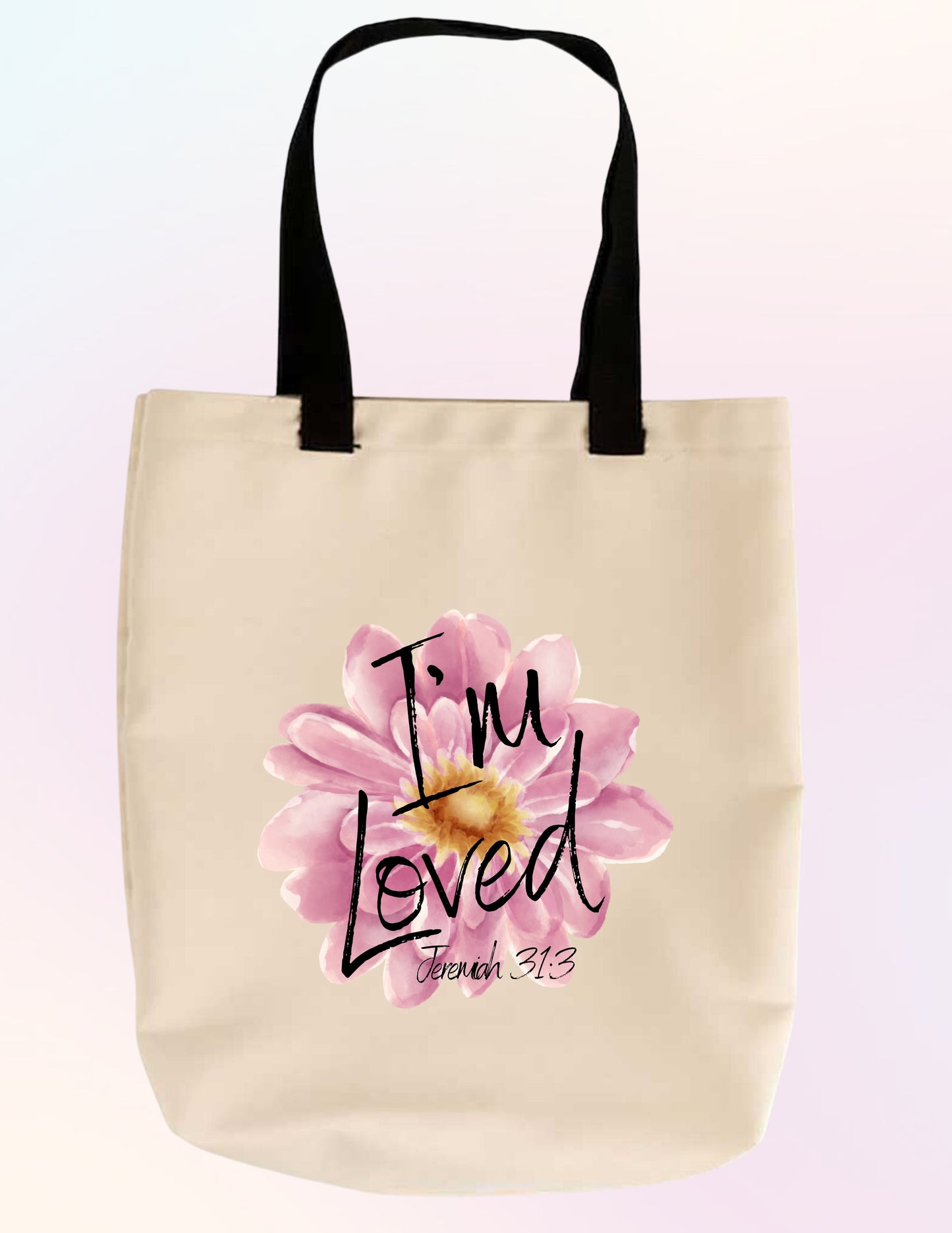 I'M LOVED. JEREMIAH 31:3 FLORAL FAITH-BASED TOTE BAG