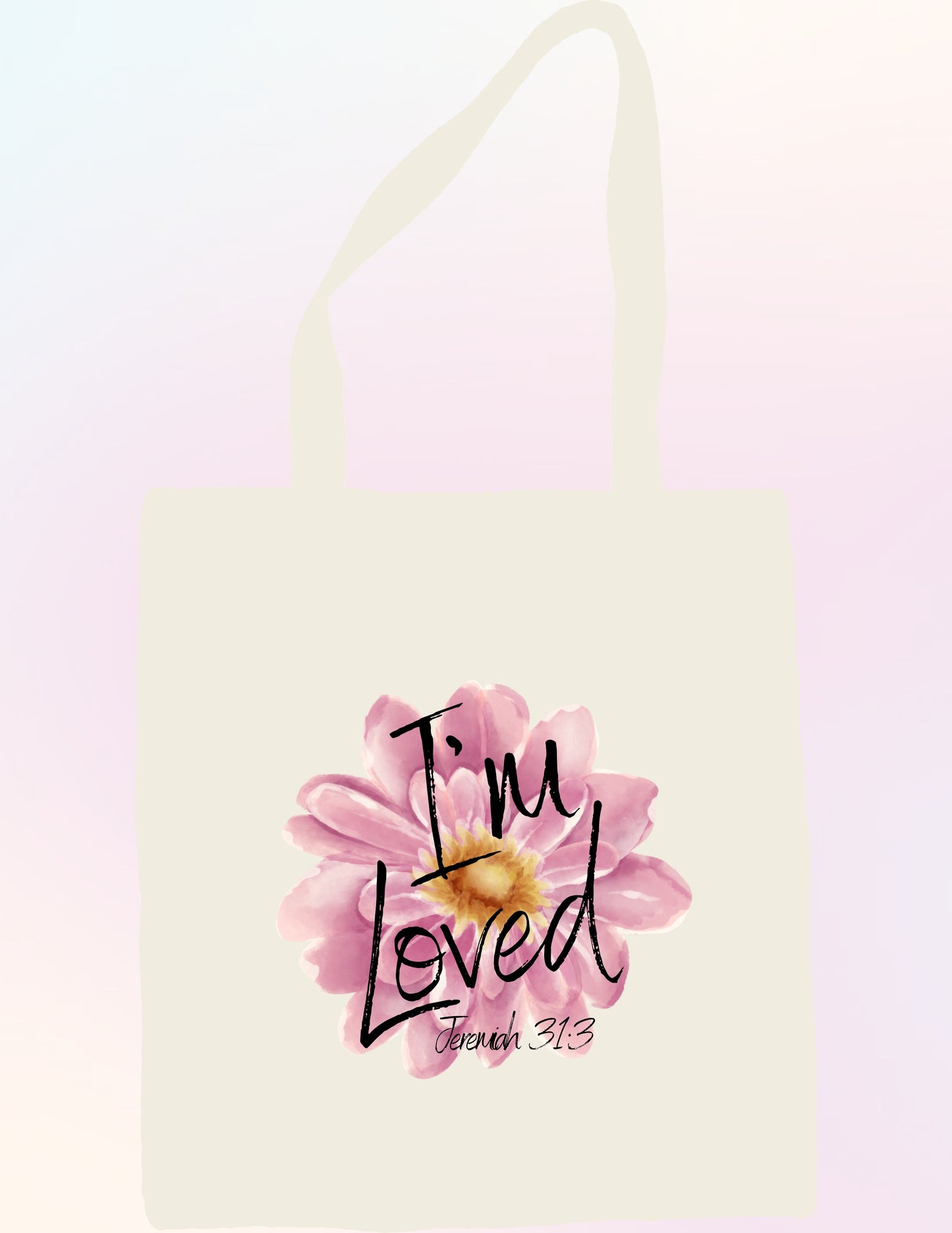 I'M LOVED. JEREMIAH 31:3 FLORAL FAITH-BASED TOTE BAG