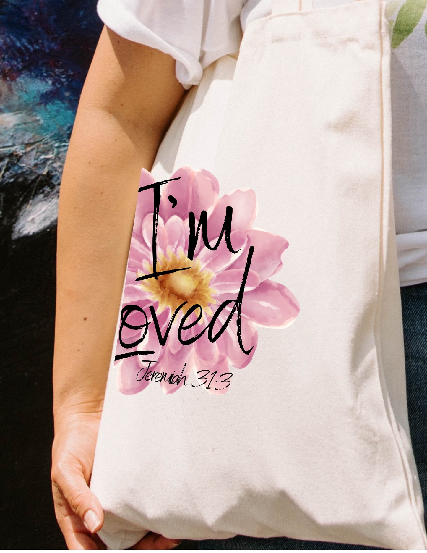 I'M LOVED. JEREMIAH 31:3 FLORAL FAITH-BASED TOTE BAG