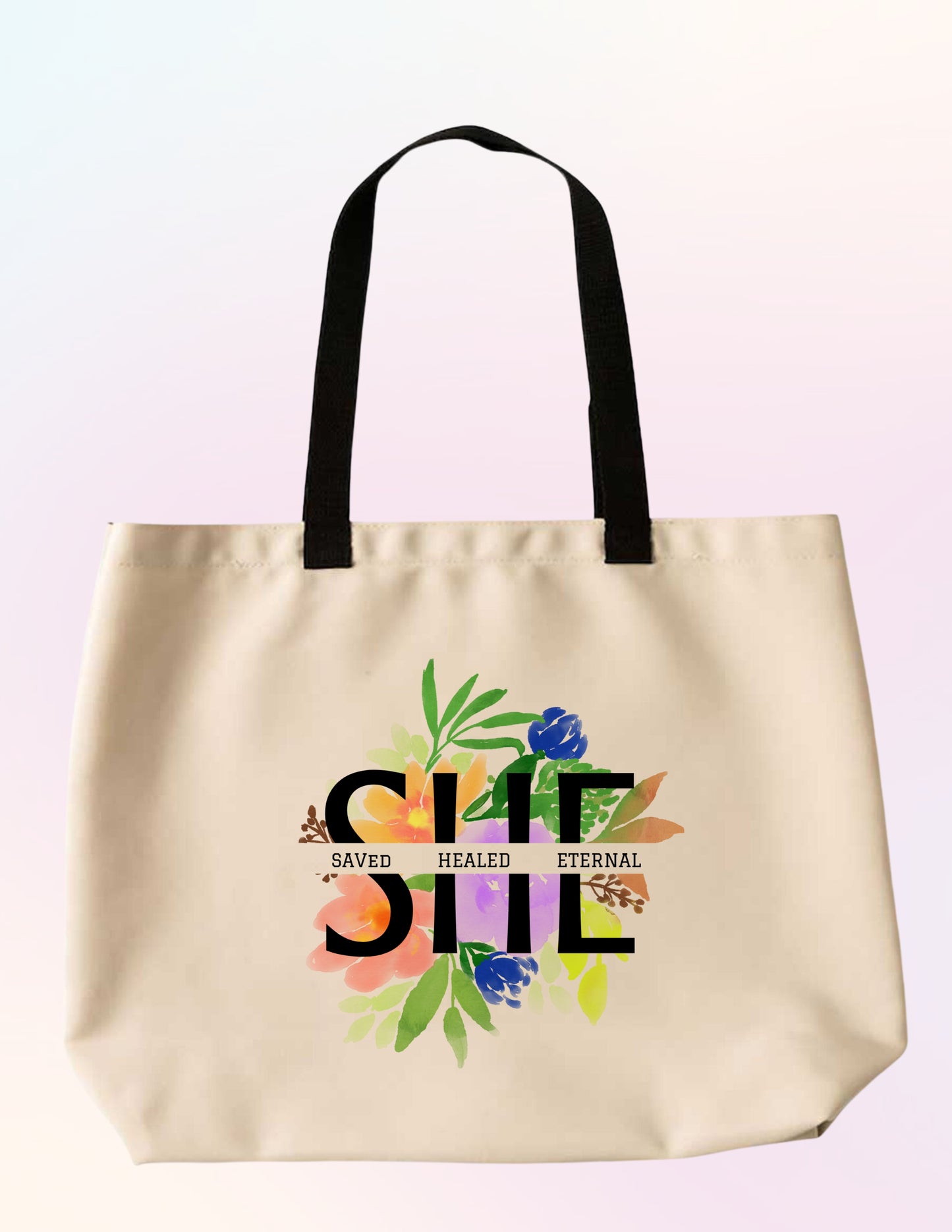 SHE: SAVED, HEALED, ETERNAL FLORAL FAITH-BASED TOTE BAG