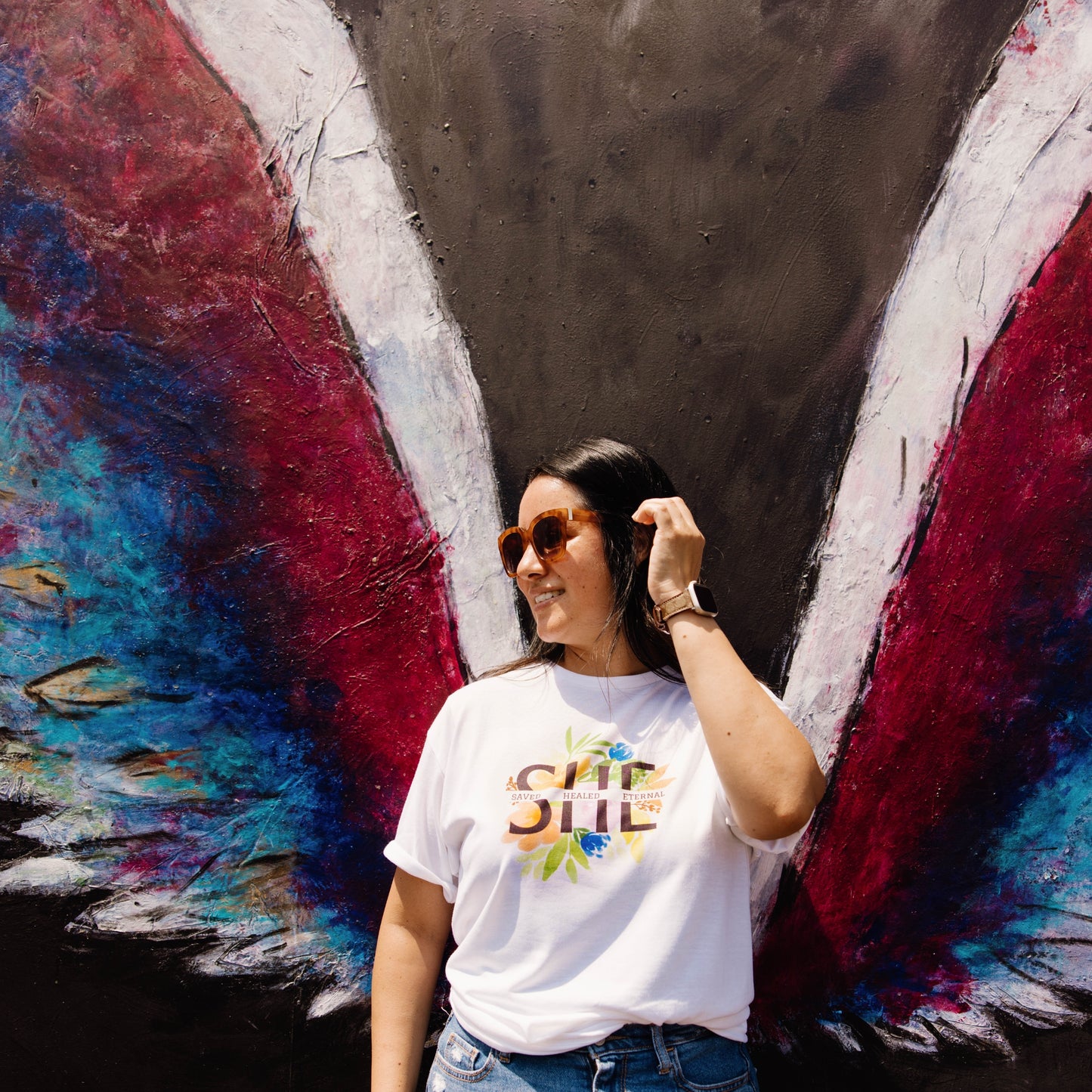 SHE: SAVED, HEALED, ETERNAL, FLORAL T-SHIRT