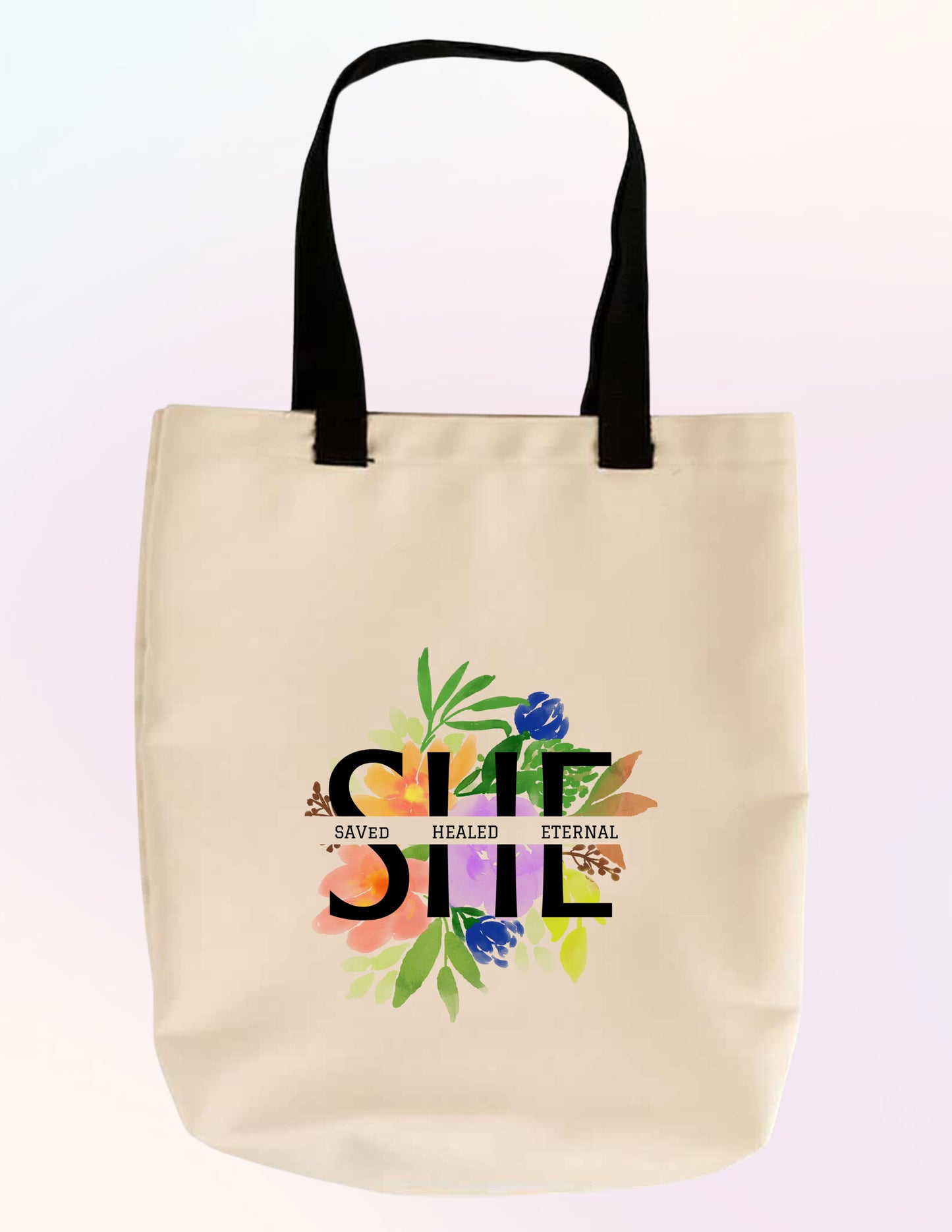 SHE: SAVED, HEALED, ETERNAL FLORAL FAITH-BASED TOTE BAG