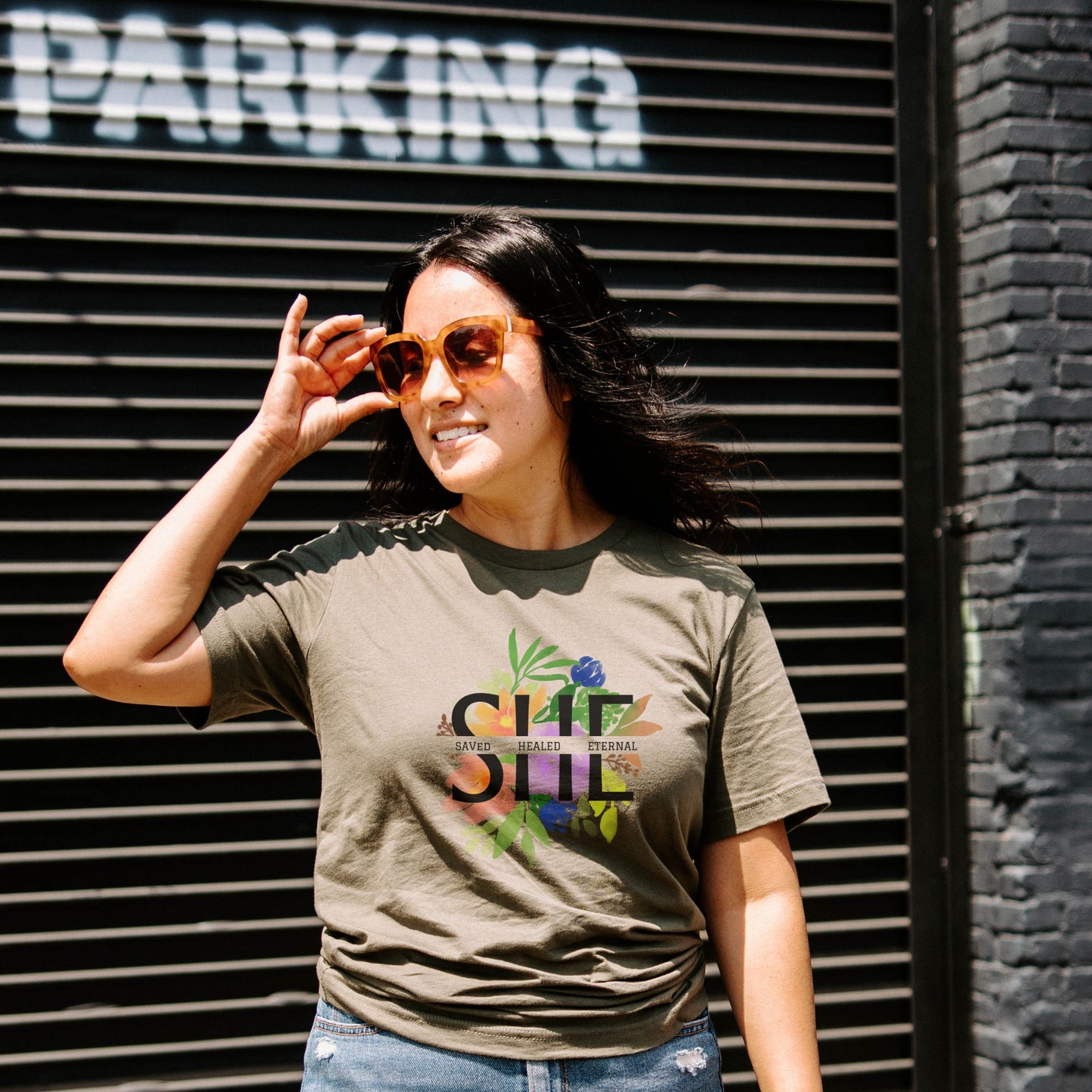 SHE: SAVED, HEALED, ETERNAL, FLORAL T-SHIRT