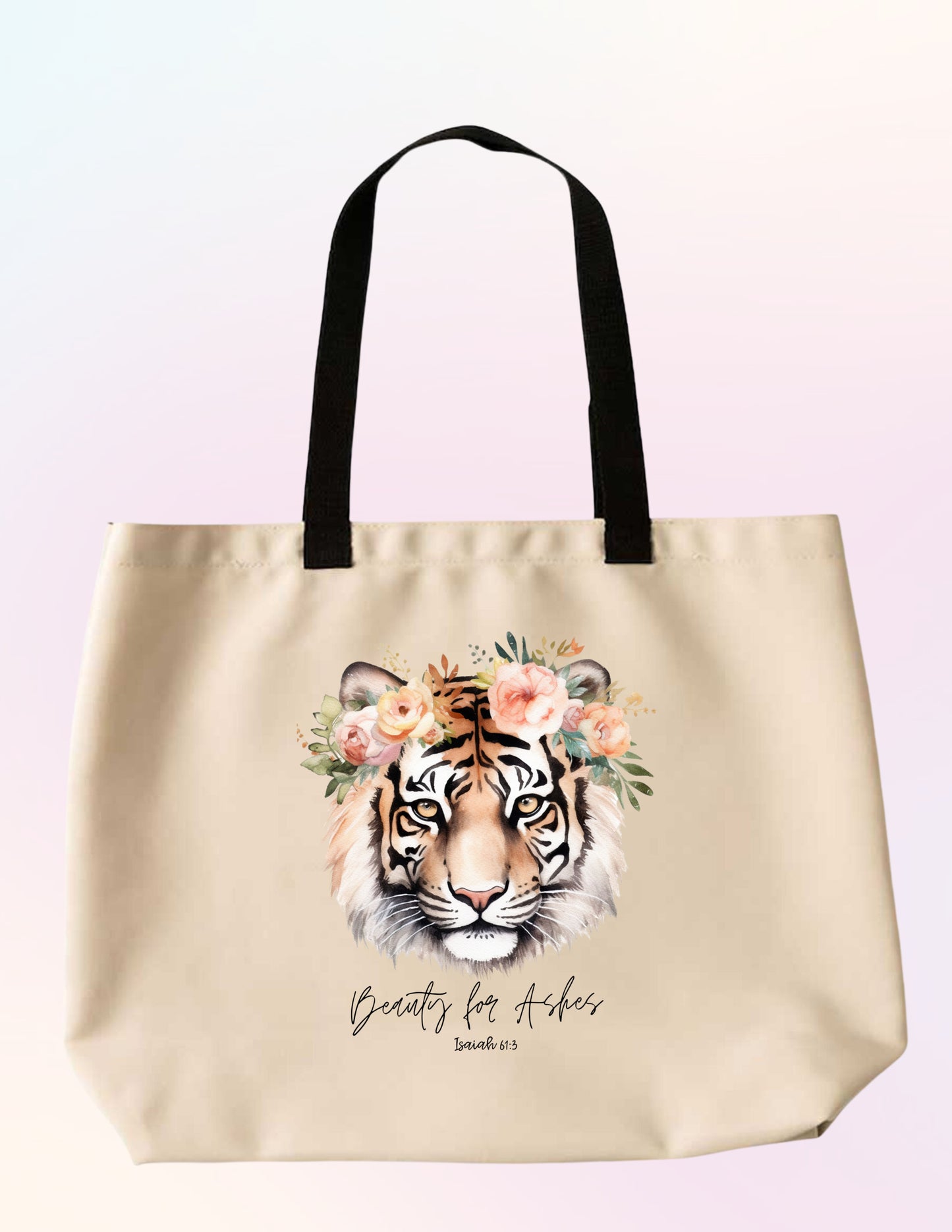 BEAUTY FOR ASHES ISAIAH 61:3.  FLORAL, TIGER, FAITH-BASED TOTE BAG.