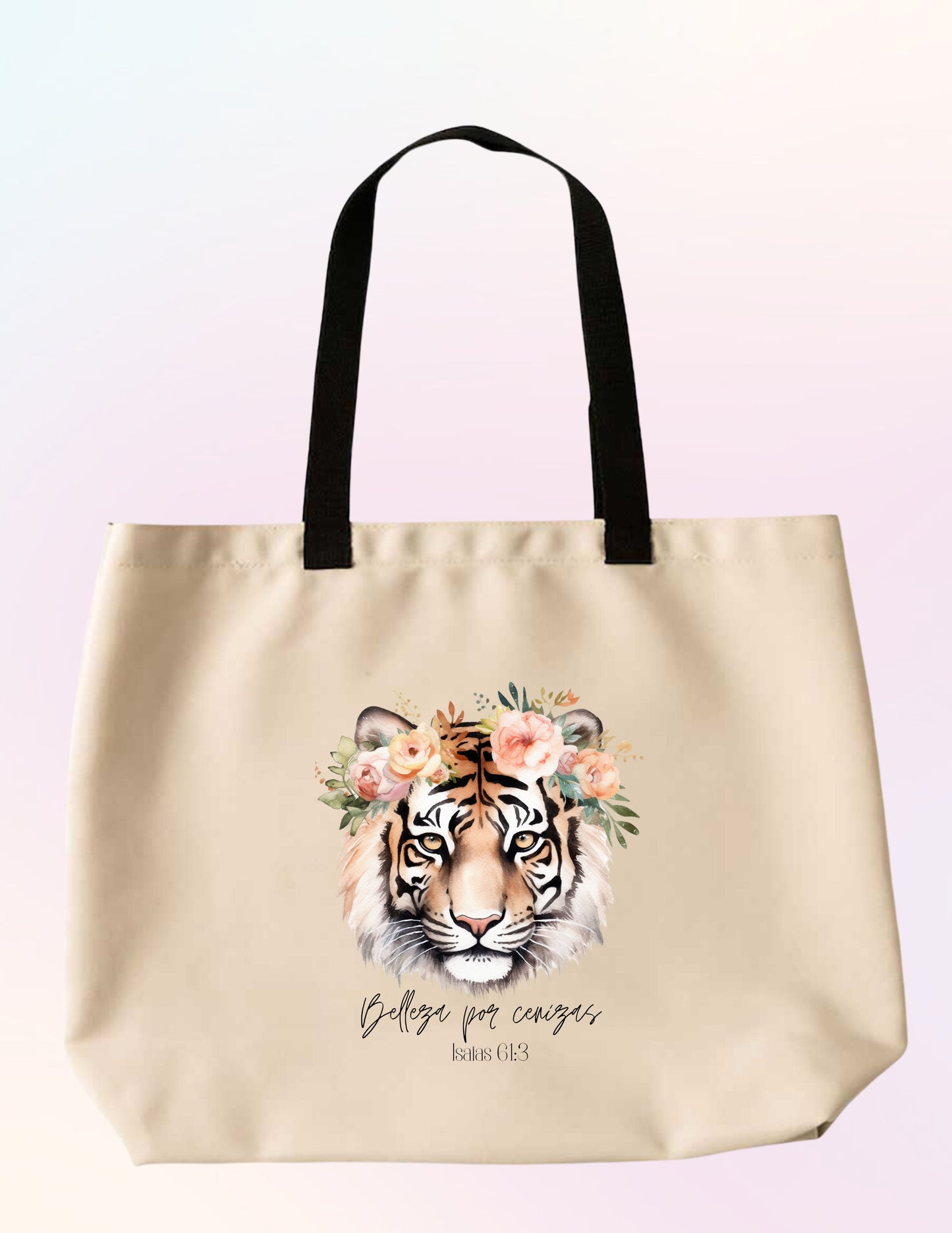 BEAUTY FOR ASHES ISAIAH 61:3.  FLORAL, TIGER, FAITH-BASED TOTE BAG.