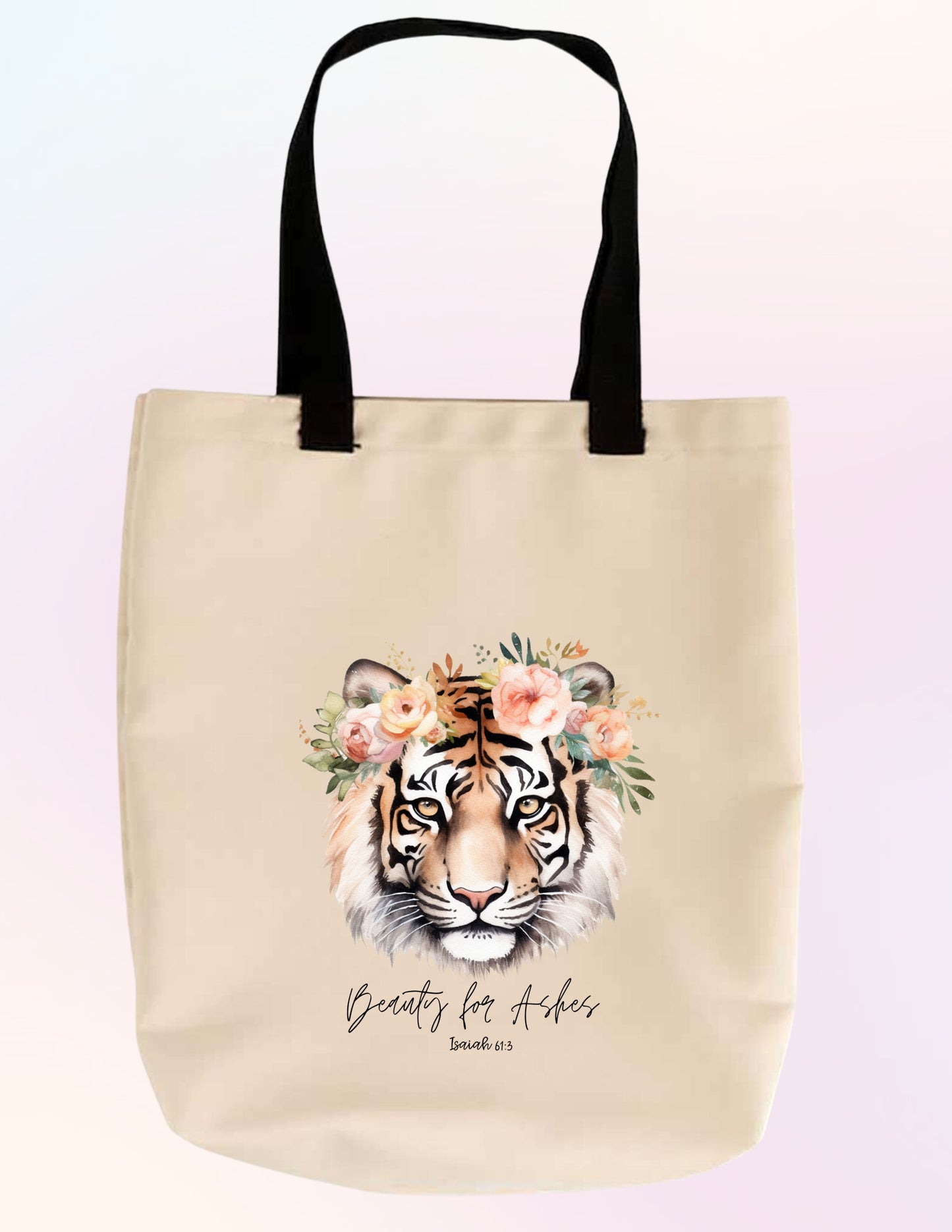 BEAUTY FOR ASHES ISAIAH 61:3.  FLORAL, TIGER, FAITH-BASED TOTE BAG.