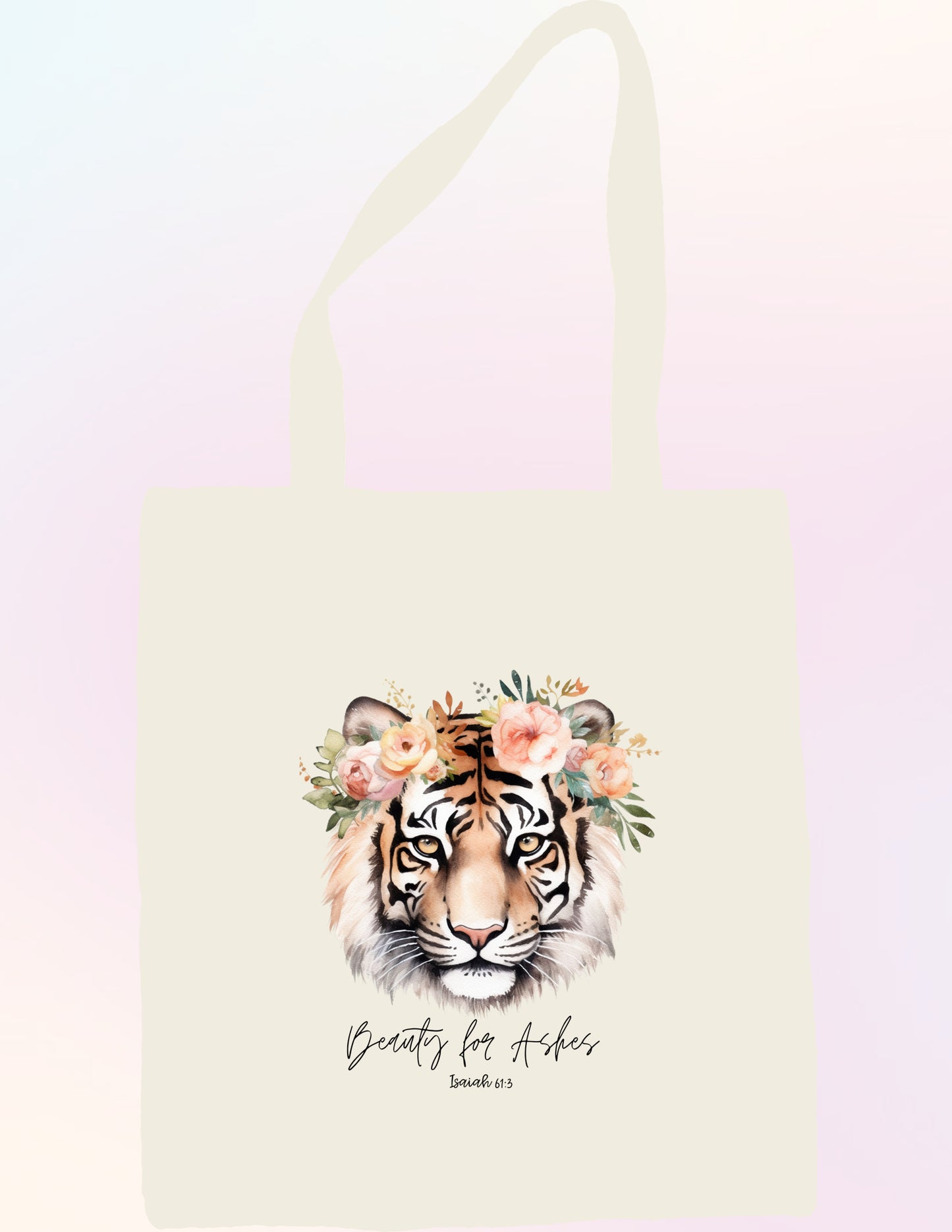 BEAUTY FOR ASHES ISAIAH 61:3.  FLORAL, TIGER, FAITH-BASED TOTE BAG.