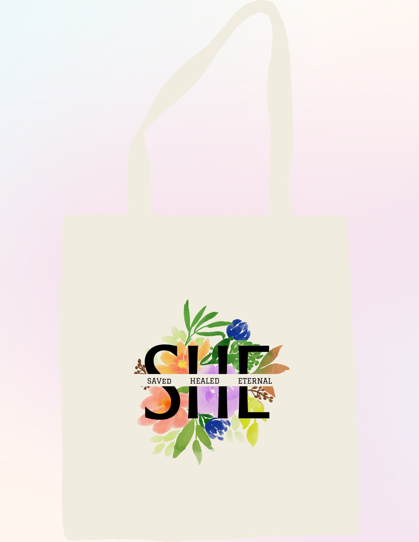 SHE: SAVED, HEALED, ETERNAL FLORAL FAITH-BASED TOTE BAG