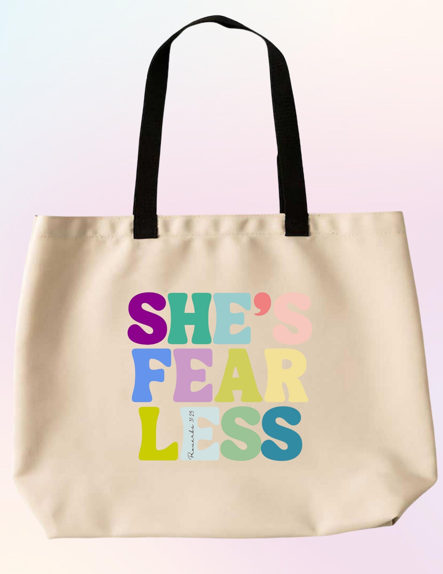 SHE'S FEARLESS COLORFUL FONT FAITH-BASED TOTE BAG