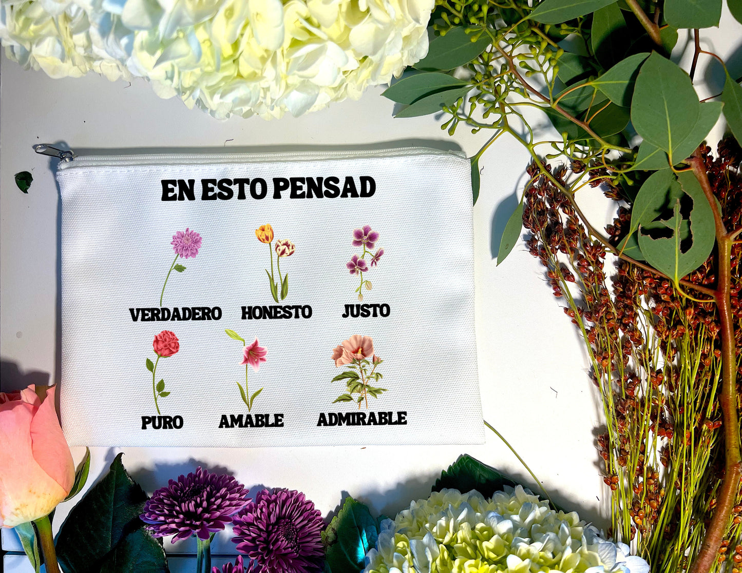 THINK ABOUT SUCH THINGS PHILIPPIANS 4:8 FLORAL PENCIL/ACCESSORIES BAG