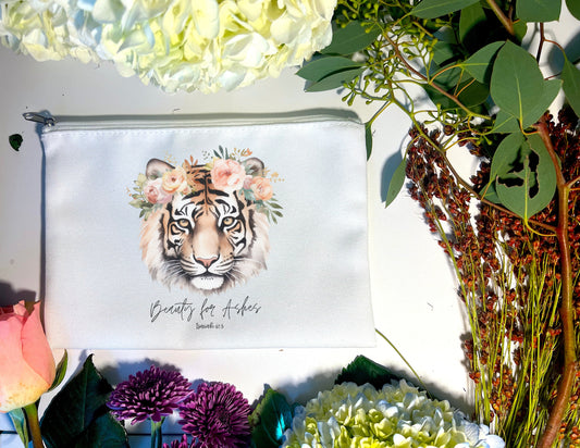 BEAUTY FOR ASHES ISAIAH 61:3 FLORAL TIGER  PENCIL/ACCESSORIES BAG