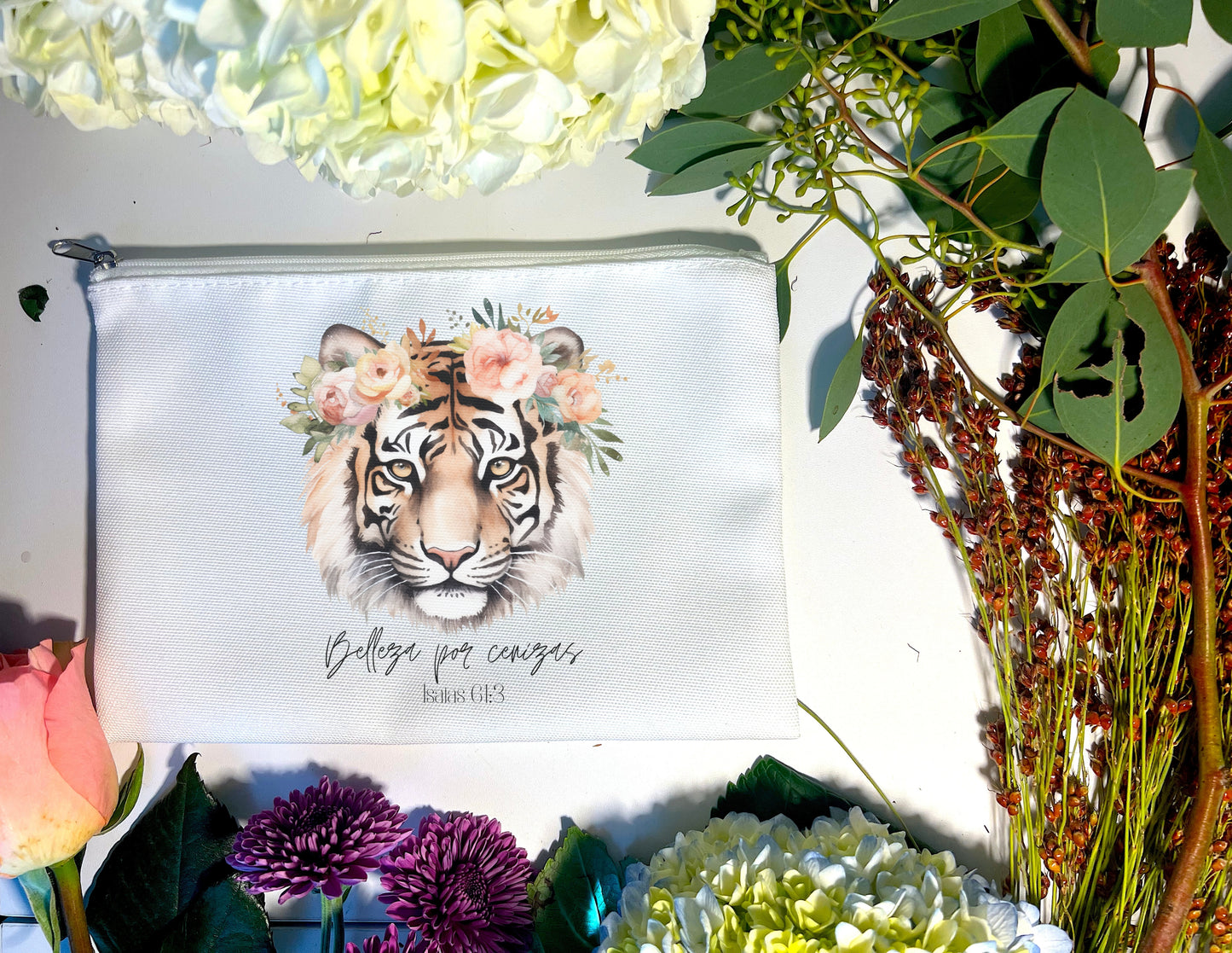 BEAUTY FOR ASHES ISAIAH 61:3 FLORAL TIGER  PENCIL/ACCESSORIES BAG