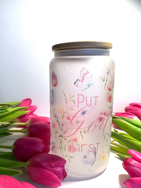 PUT GOD FIRST BUGS AND FLOWERS HOT/COLD RESISTANT GLASS CUP