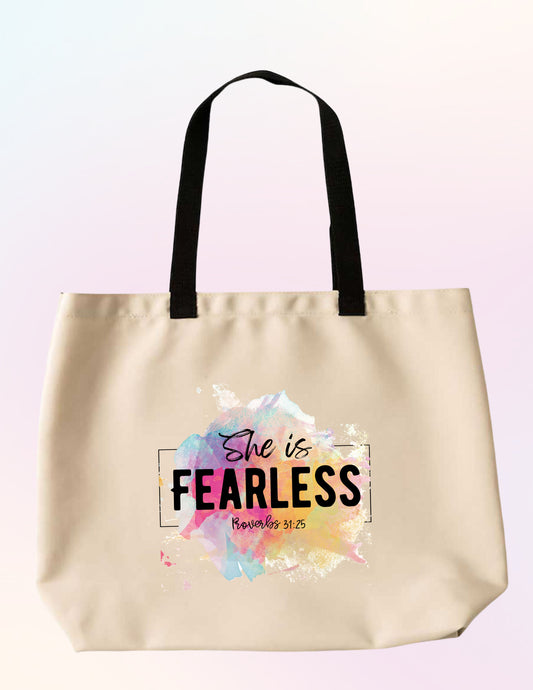 SHE IS FEARLESS PROVERBS 31:25 COLOR SPLASH FAITH-BASED TOTE BAG