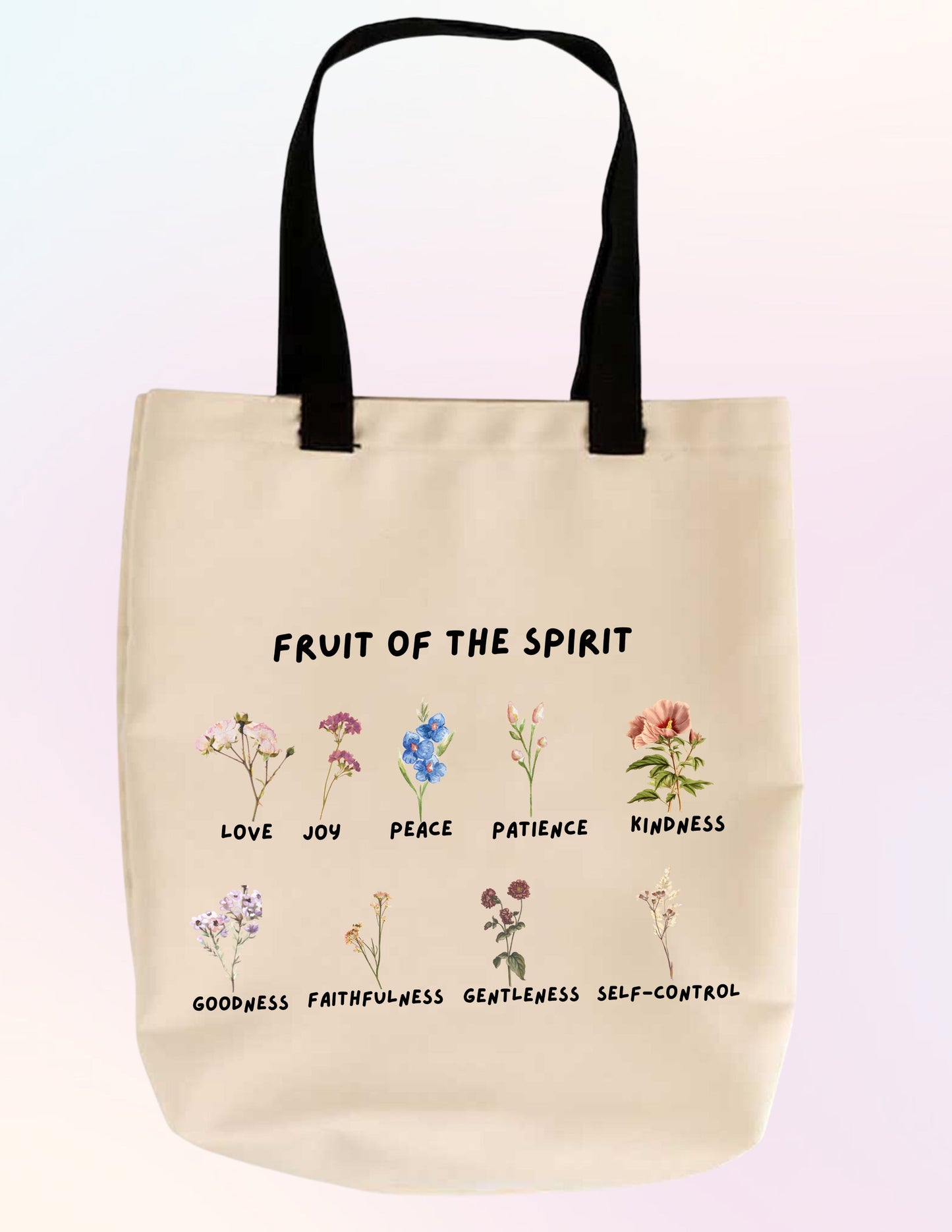 FRUIT OF THE SPIRIT. GALATIANS 5:22-23 FAITH-BASED TOTE BAG